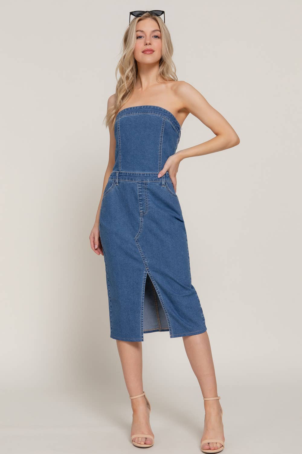 Stretch Denim with Front Slit Tube Dress: BLU-denim blue