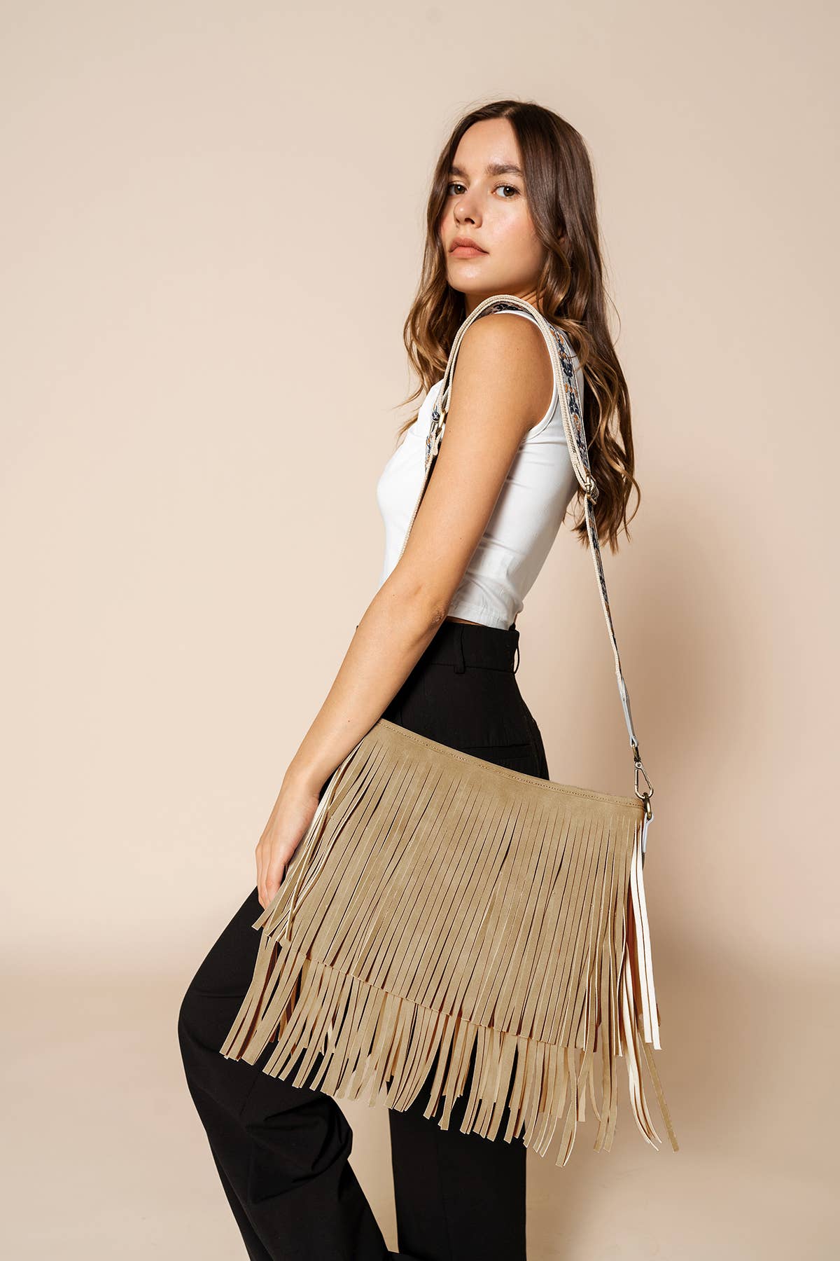 M2045 Sadie Suede Fringe Crossbody w/ Guitar Strap: Brown