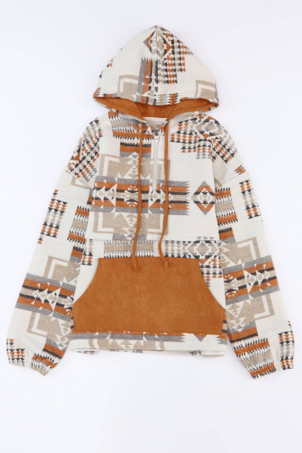 Beige Aztec Print Kangaroo Pocket Half-Zip Hoodie: Beige / 100%Polyester / M