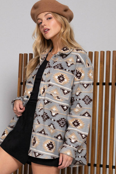 Long Sleeve Printed Fleece Shacket: GRY-grey/taupe