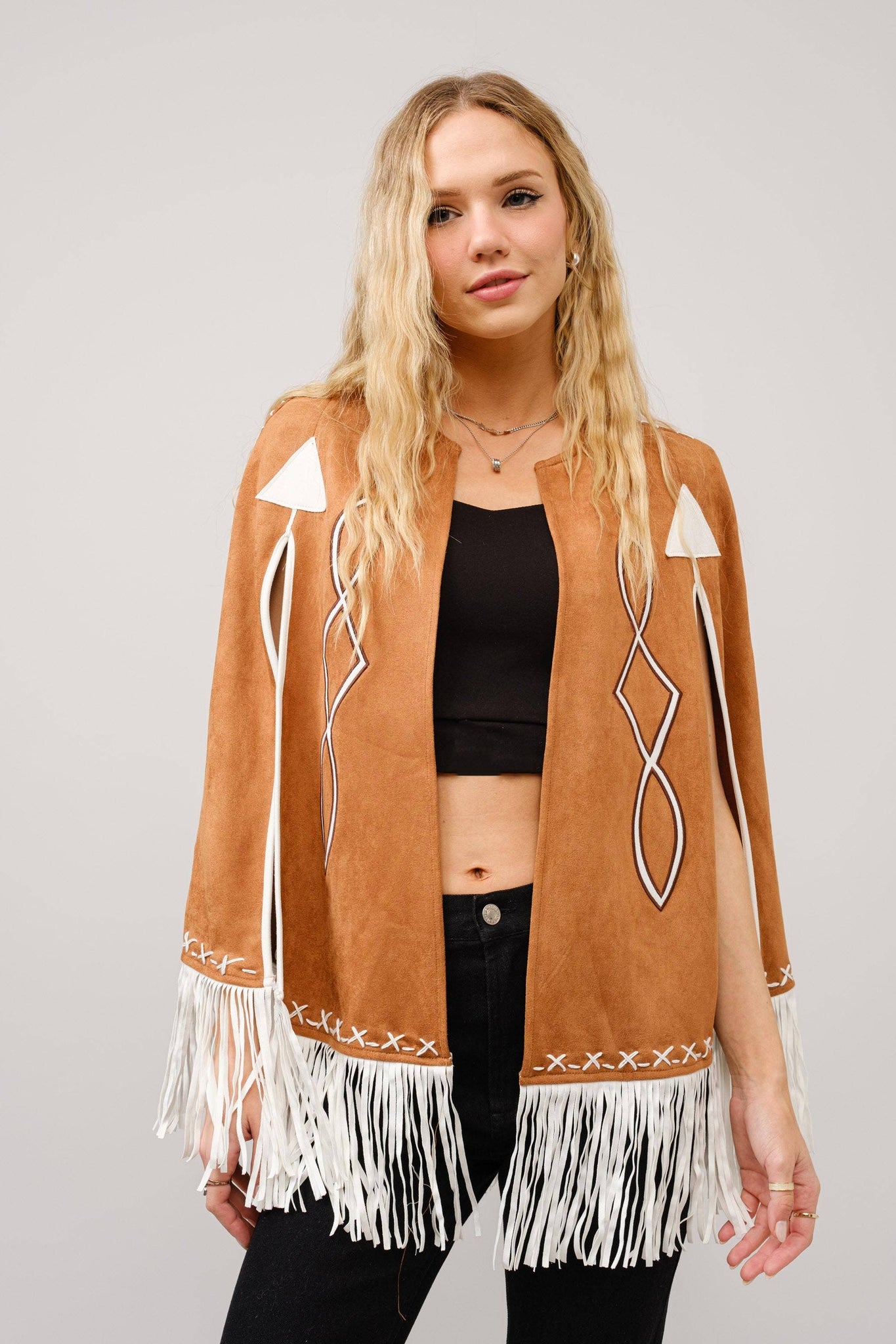 36306J - Fringe Detail Open Cape Jacket: CAMEL
