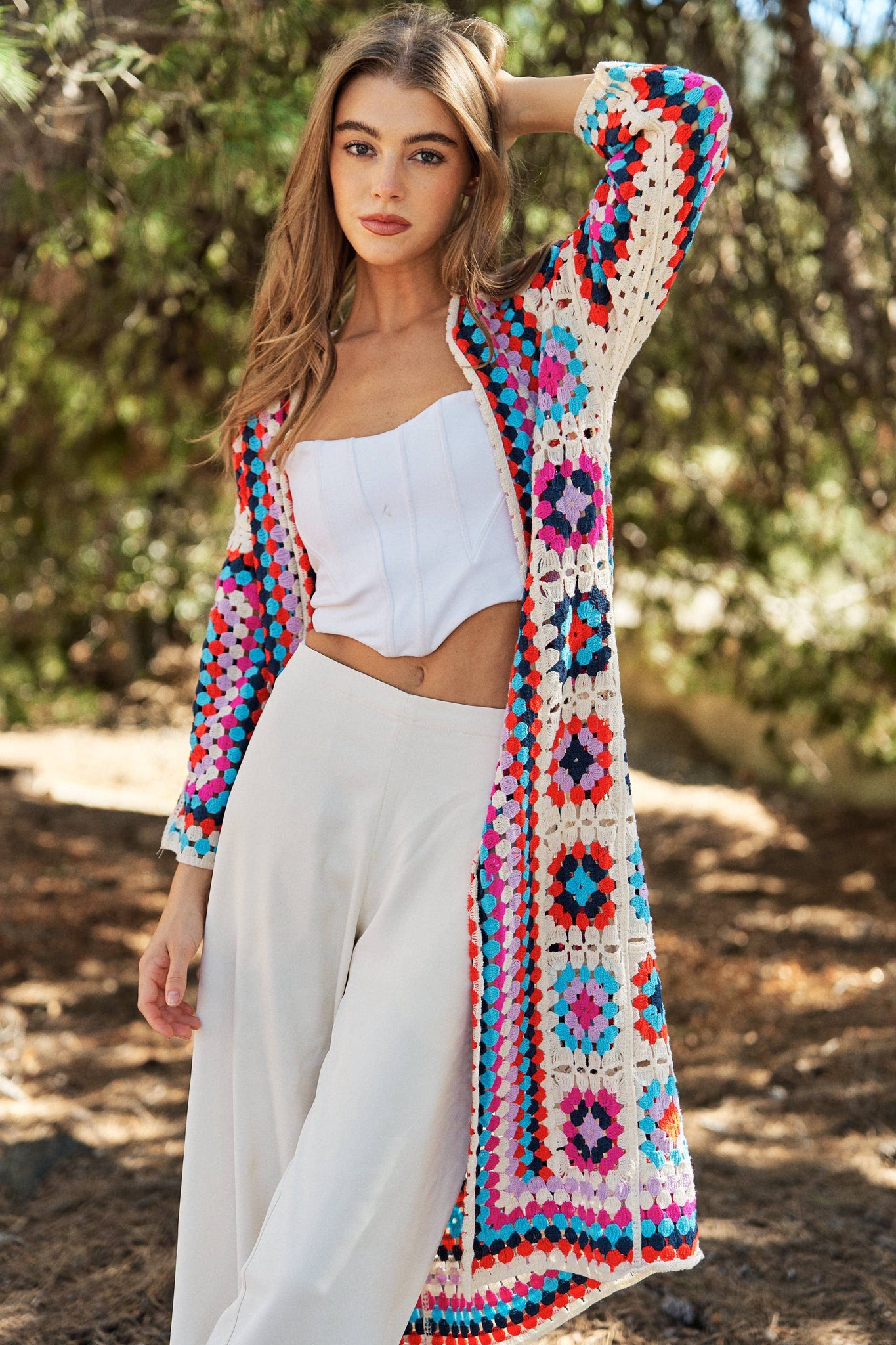 GRANNY SQUARE OPEN MIDI CROCHET KNIT CARDIGAN: ONE / White Multi