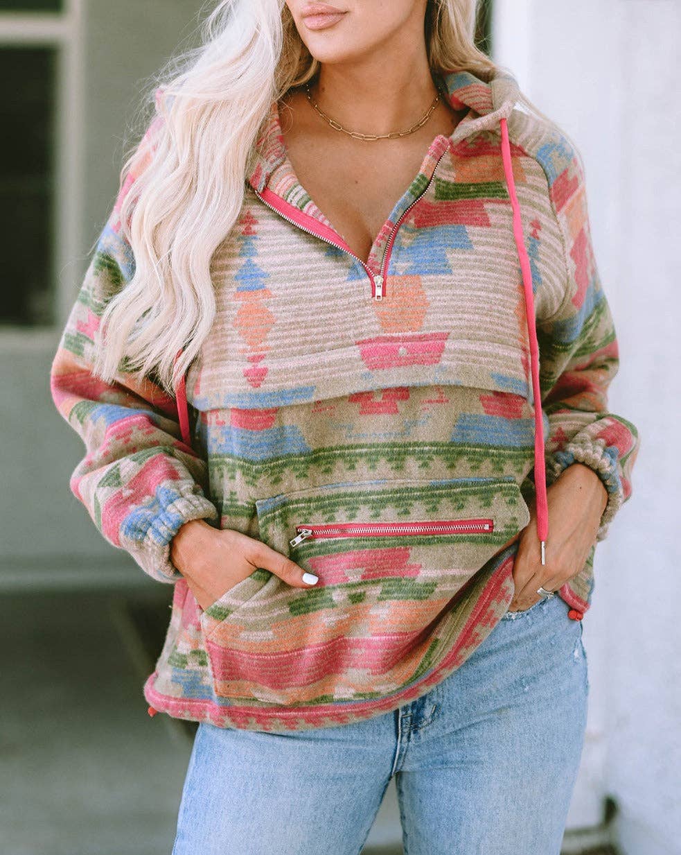 Aztec Quarter Zip Pocketed Hoodie: Multicolor