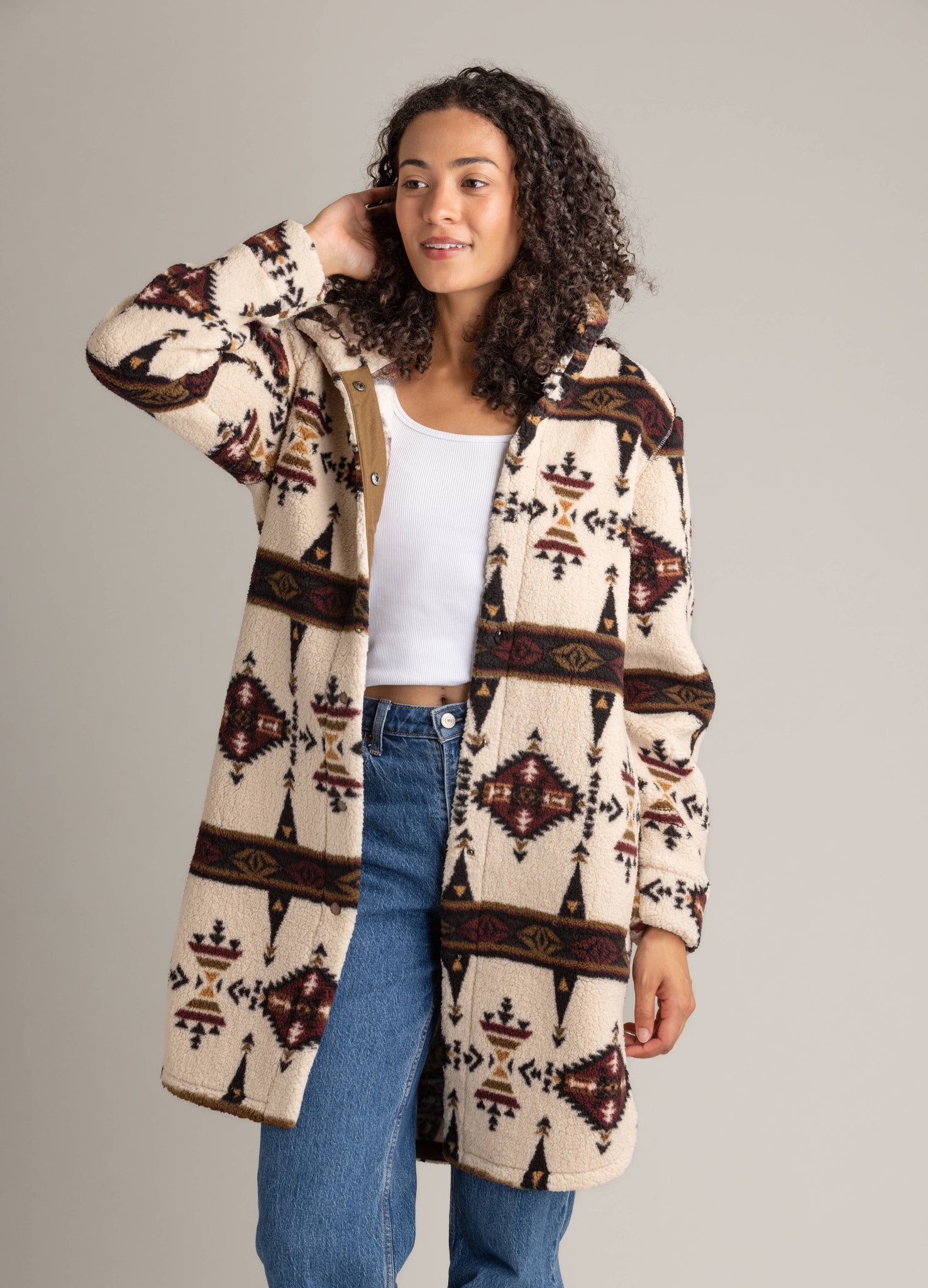 Women's Ainsley Long Ultra Plush Sherpa Shacket: Sepia Totem Aztec