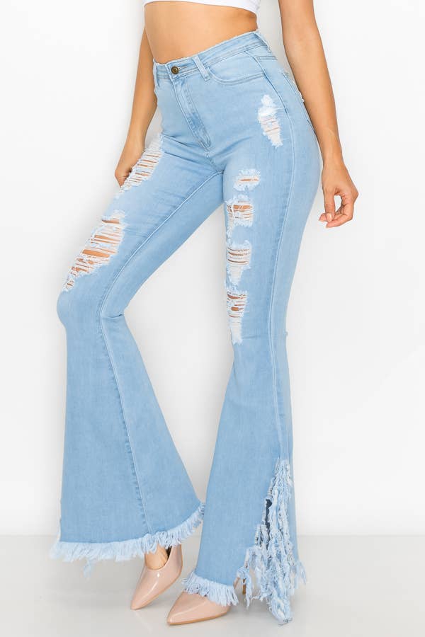 JAZZ-045 HIGH WAISTED DISTRESSED BELL BOTTOMS WOMEN JEANS: LIGHT BLUE