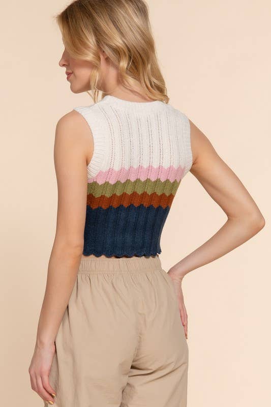 Sleeveless Wave Stripe Spring Sweater: Grn-Green/black