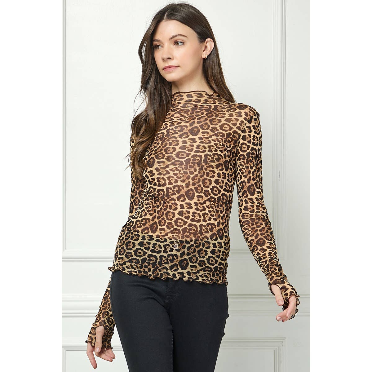 Lace Long Sleeve See Through Top: Leopard