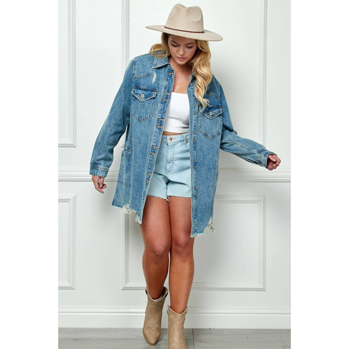 Plus Size Medium Washed Denim Shirts Jacket: Med Wash