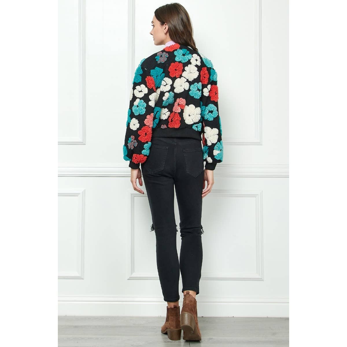 Felted Flower Puff Sleeve Button Jacket: Red Combo