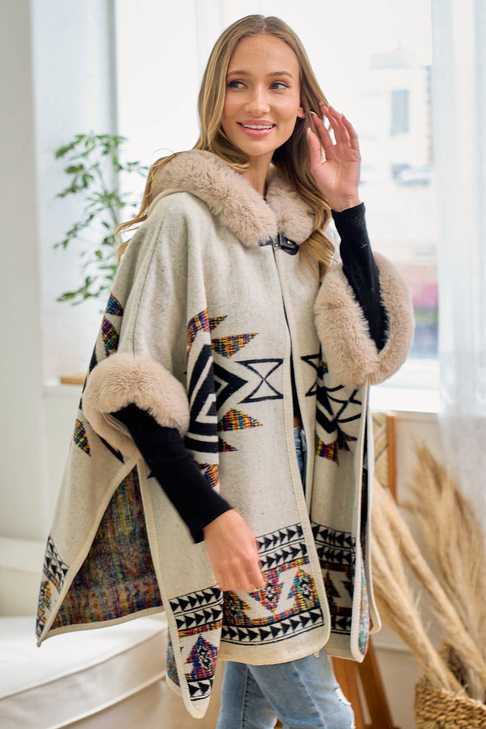 Rainbow Multi Diamond Faux Fur Hooded Poncho: TAUPE MULTI