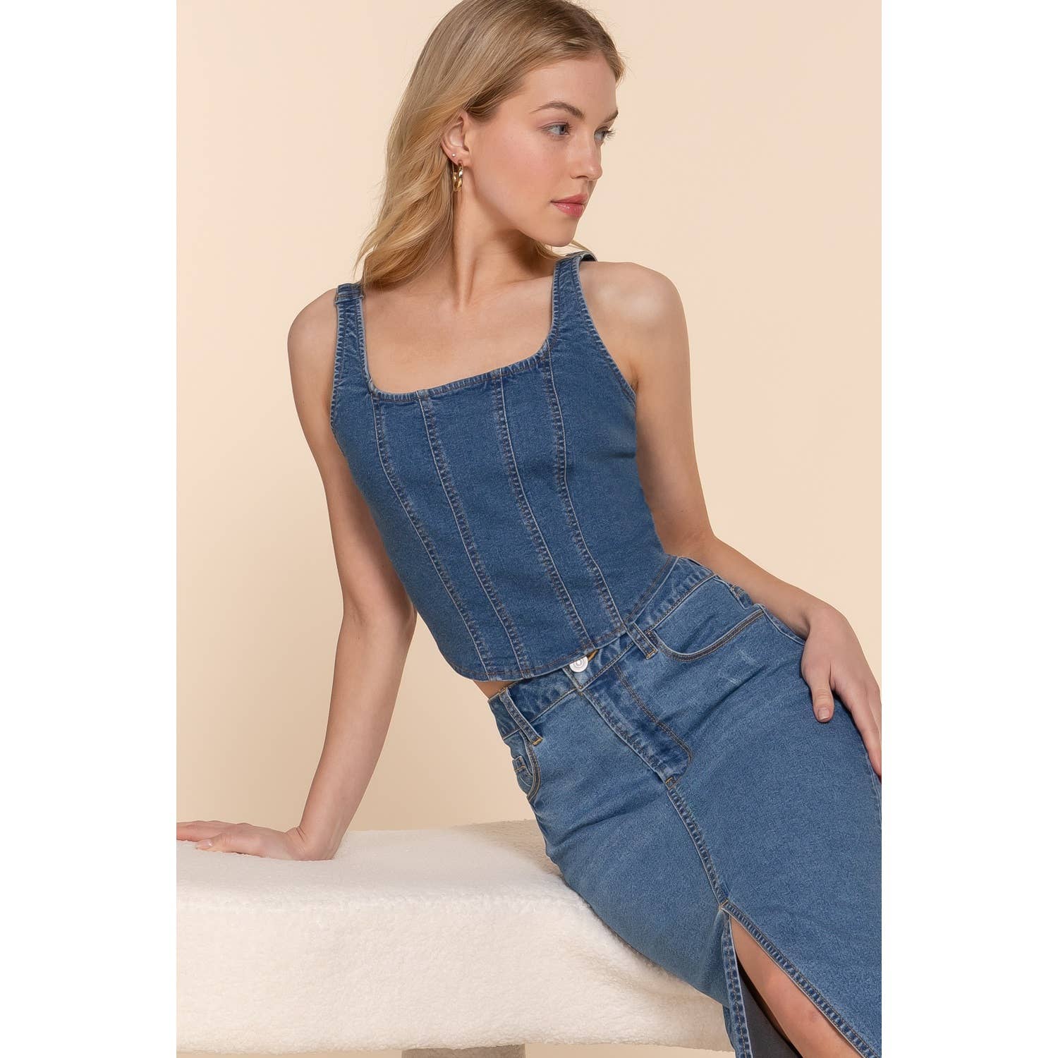 FRONT LINED CORSET STITCH STRETCH DENIM CAMI TOP: BLUE