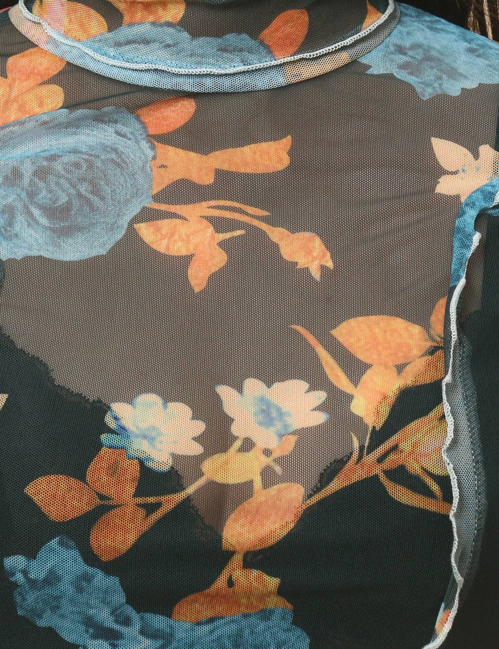 Ladies Floral See Sheer Mesh Layring Top Pullover Blouse SKT4799: Green