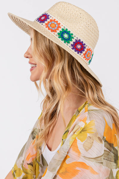 Floral Crochet Band Straw Hat: BE