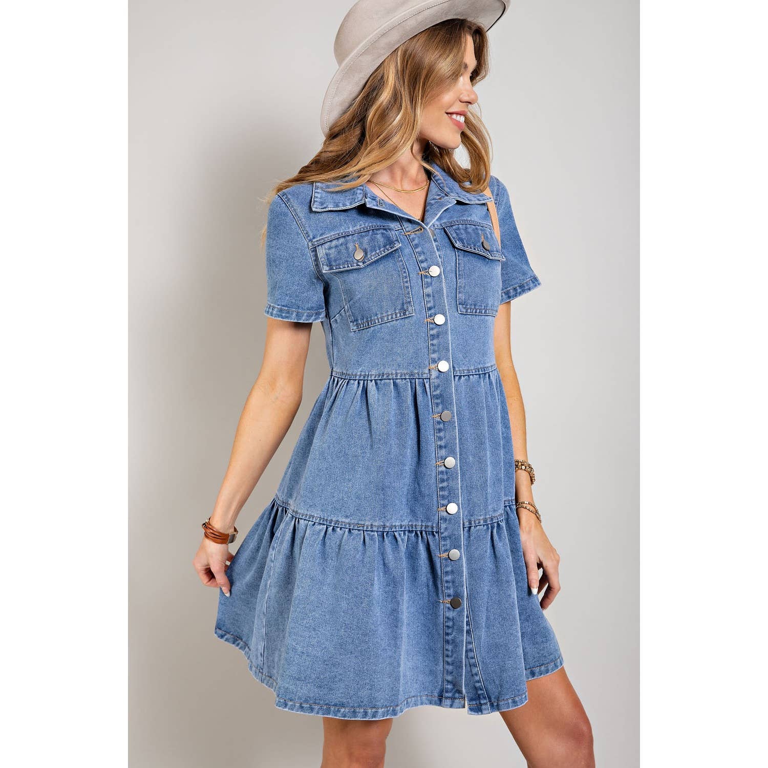 DENIM BUTTON DOWN RUFFLE HEM DRESS: Medium Denim