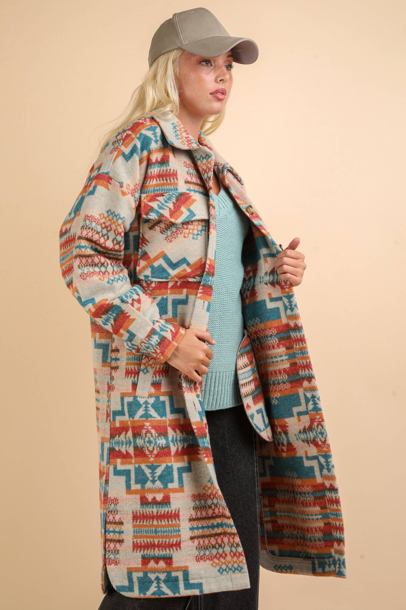 Aztec & Plaid Printed Shacket Jacket Coat: TEAL MIX