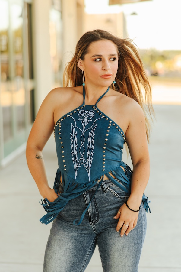 Teal Stretch Suede Halter Fringed Top W Boot Stitch