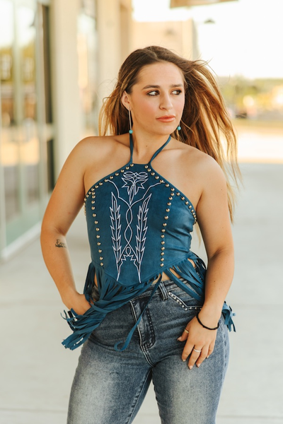 Teal Stretch Suede Halter Fringed Top W Boot Stitch
