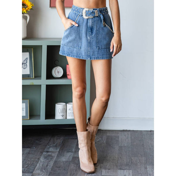 Rhinestone Belt Denim Mini Skirt: Med Wash