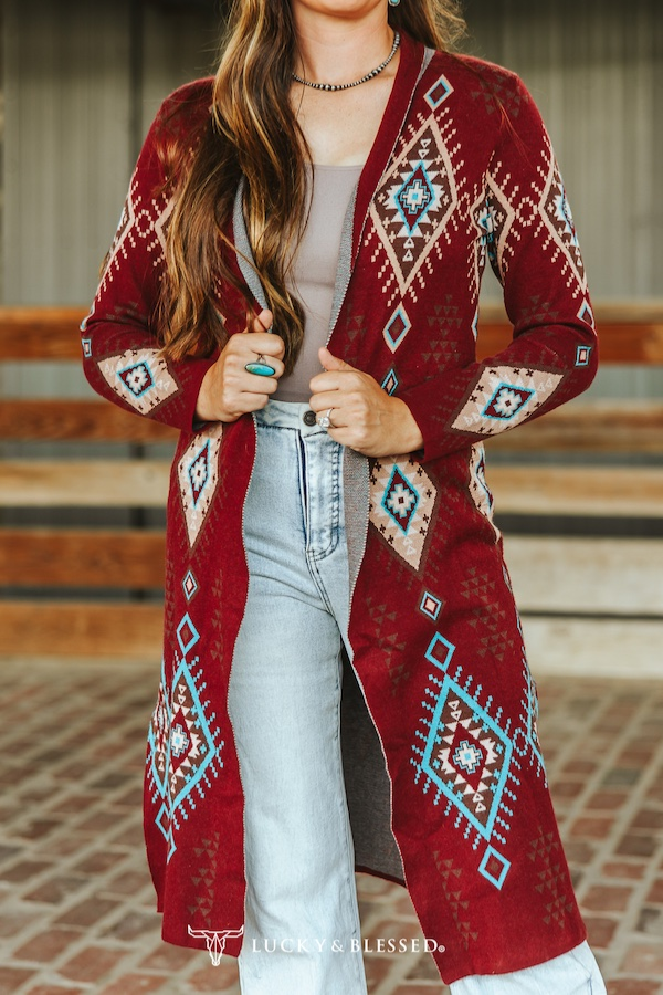 Plus Size Wine Aztec Long Sleeve Knitted Cardigan