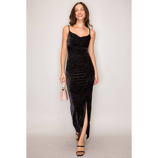 Glitter Velvet Cowl Neck Maxi Dress: Black