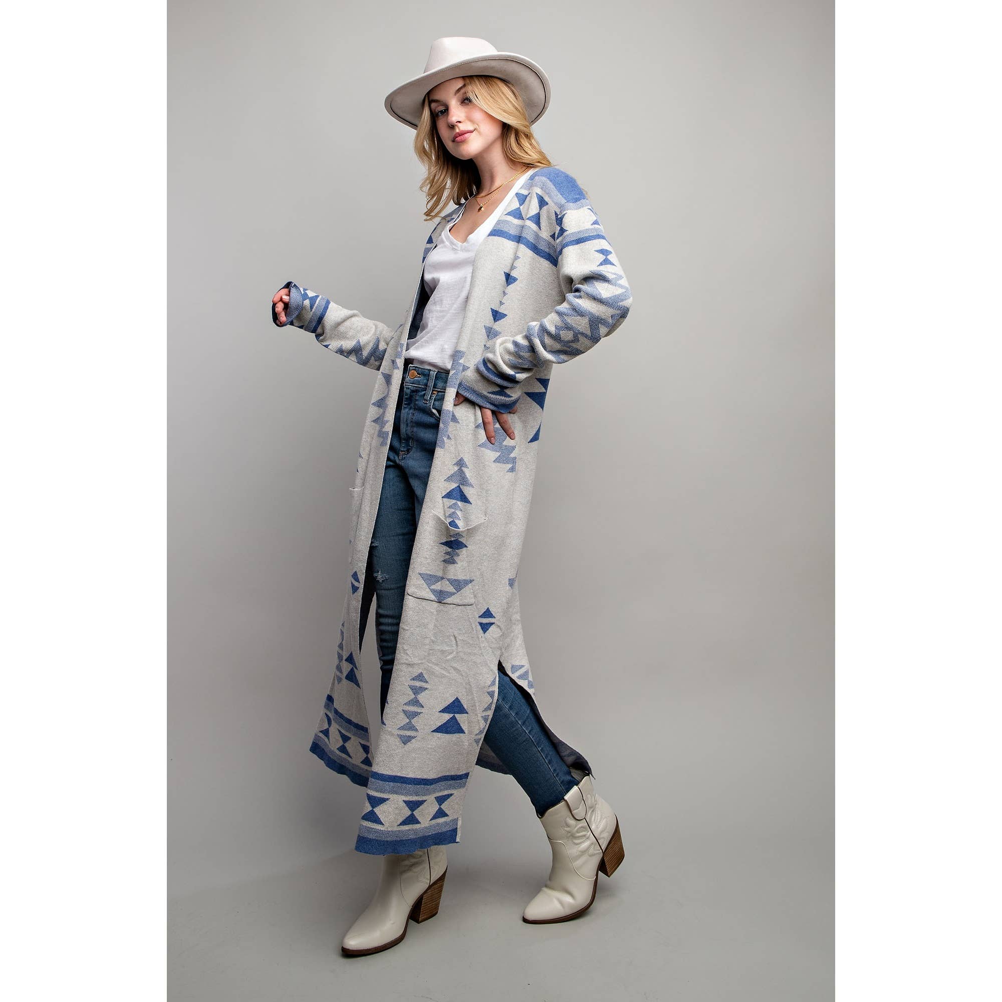 AZTEC PATTERN LONG CARDIGAN: Blue Multi