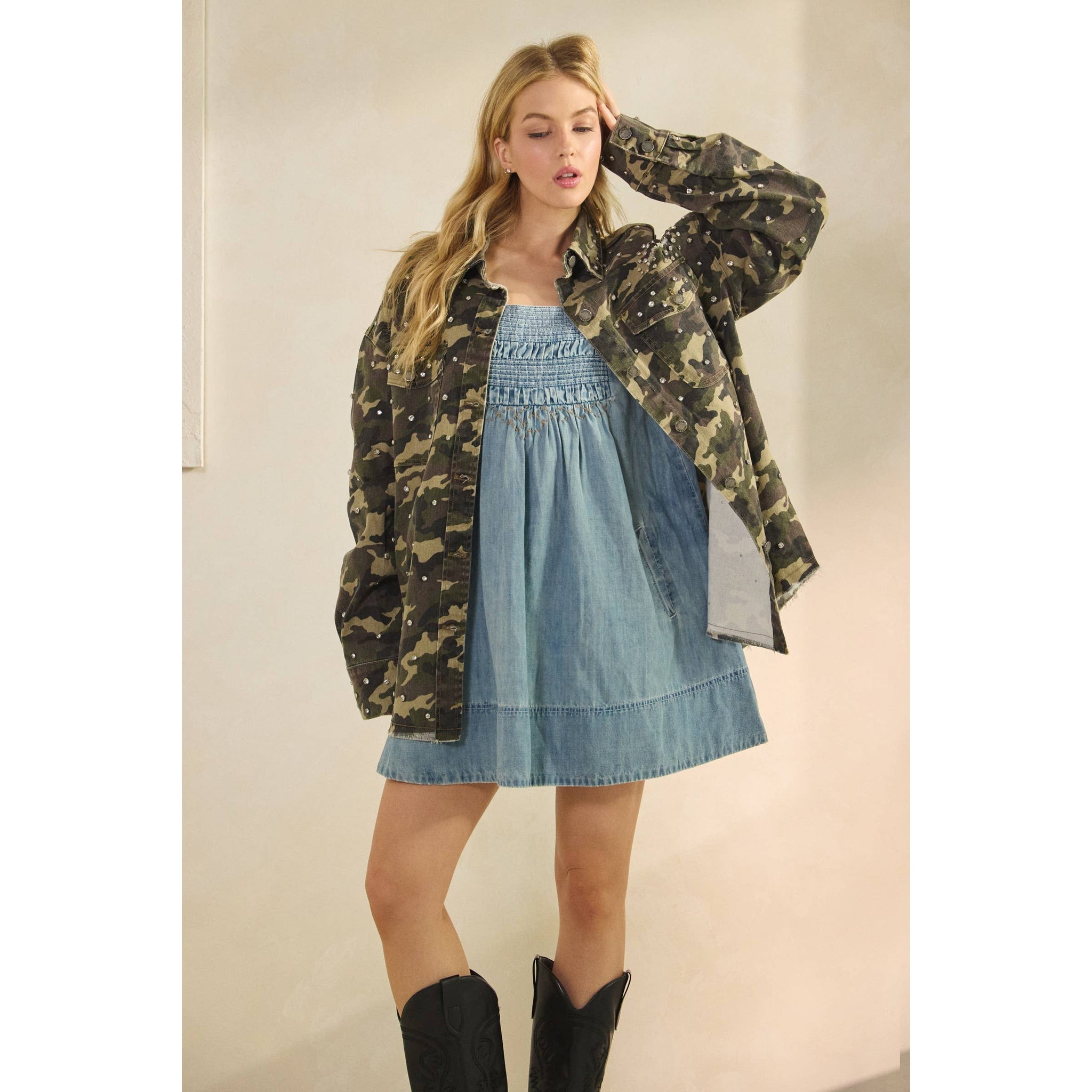 Printed Rhinestone Denim Jacket: Camo