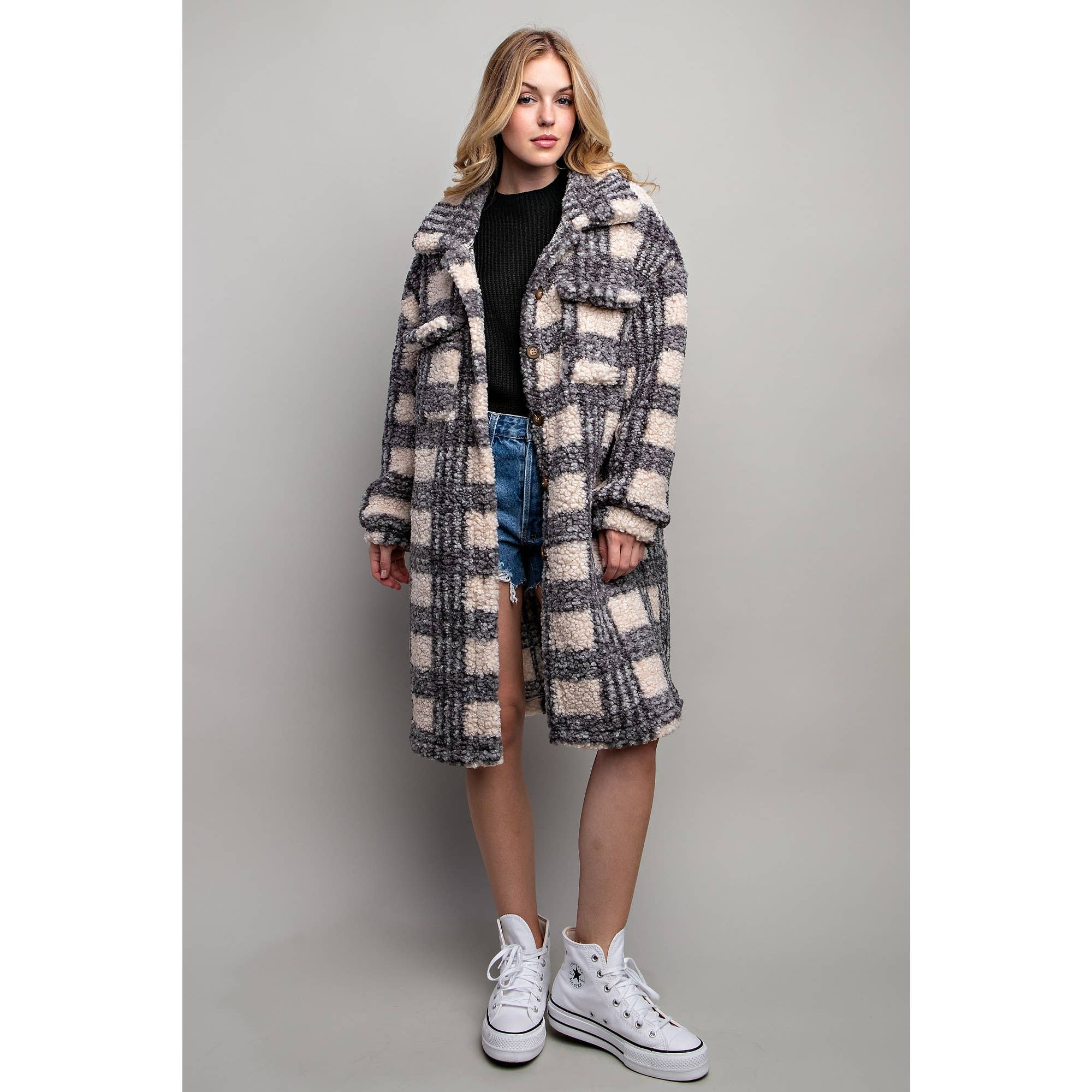 PLAID TEDDY OVERSIZE JACKET:Navy