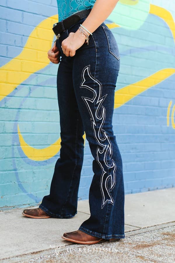 Dark Wash Tummy Control Boot Stitch Embroidery Jeans (32in)
