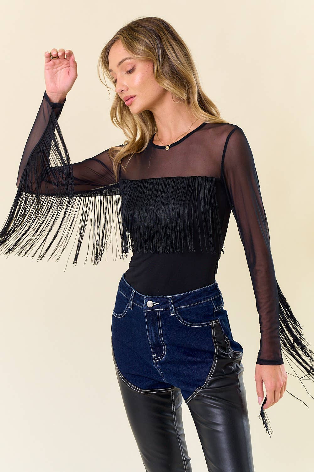 LONG SLEEVE FRINGED MESH TOP