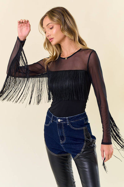 ST3938A LONG SLEEVE FRINGED MESH TOP