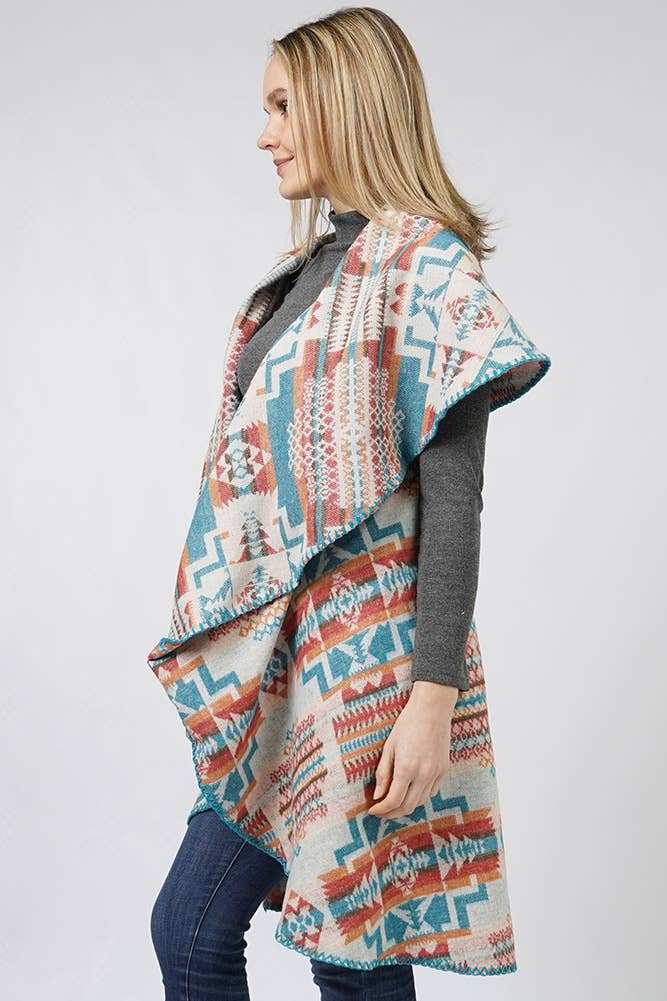 Aztec Reversible Round Shawl Vest: Turquoise