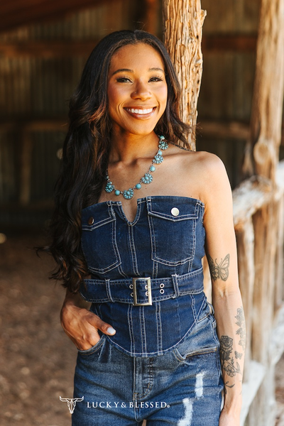 Dark Wash Denim Buckle Strap Corset Top: