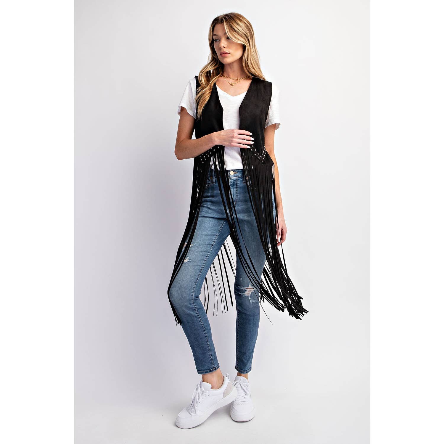 SUEDE STUDDED DETAIL FRINGE HEM VEST: Black