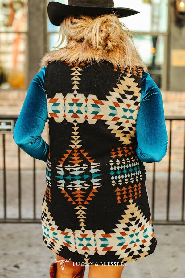 Black Aztec W Fur Collar Vest