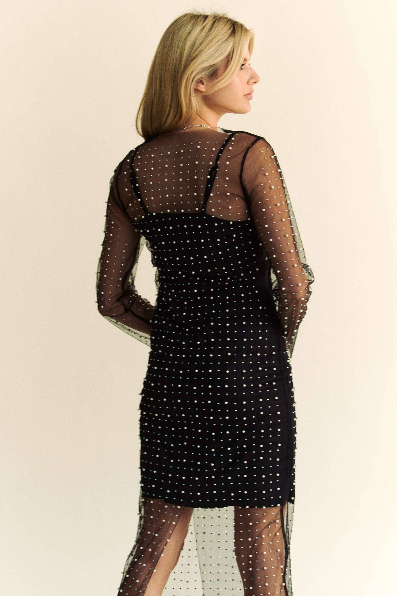 MESH PEARL RHINESTONE COVER UP WITH INNER DRESS