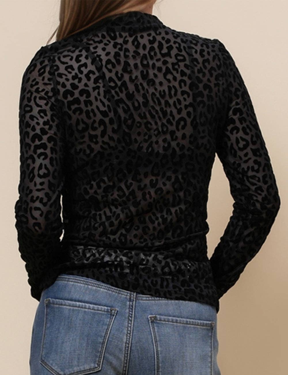Ladies See Sheer Pullover Blouse Leopard Mesh Layering Top