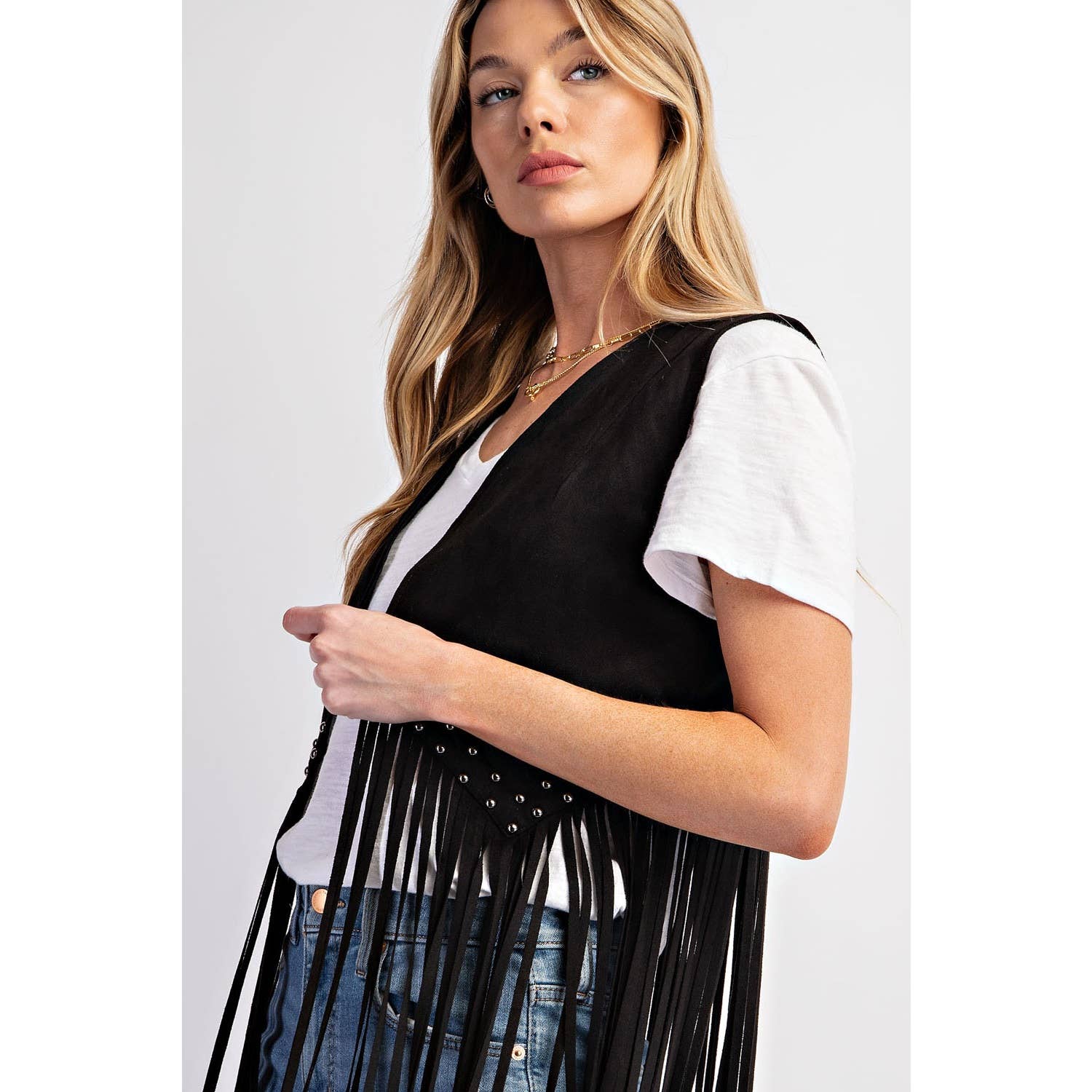 SUEDE STUDDED DETAIL FRINGE HEM VEST: Black