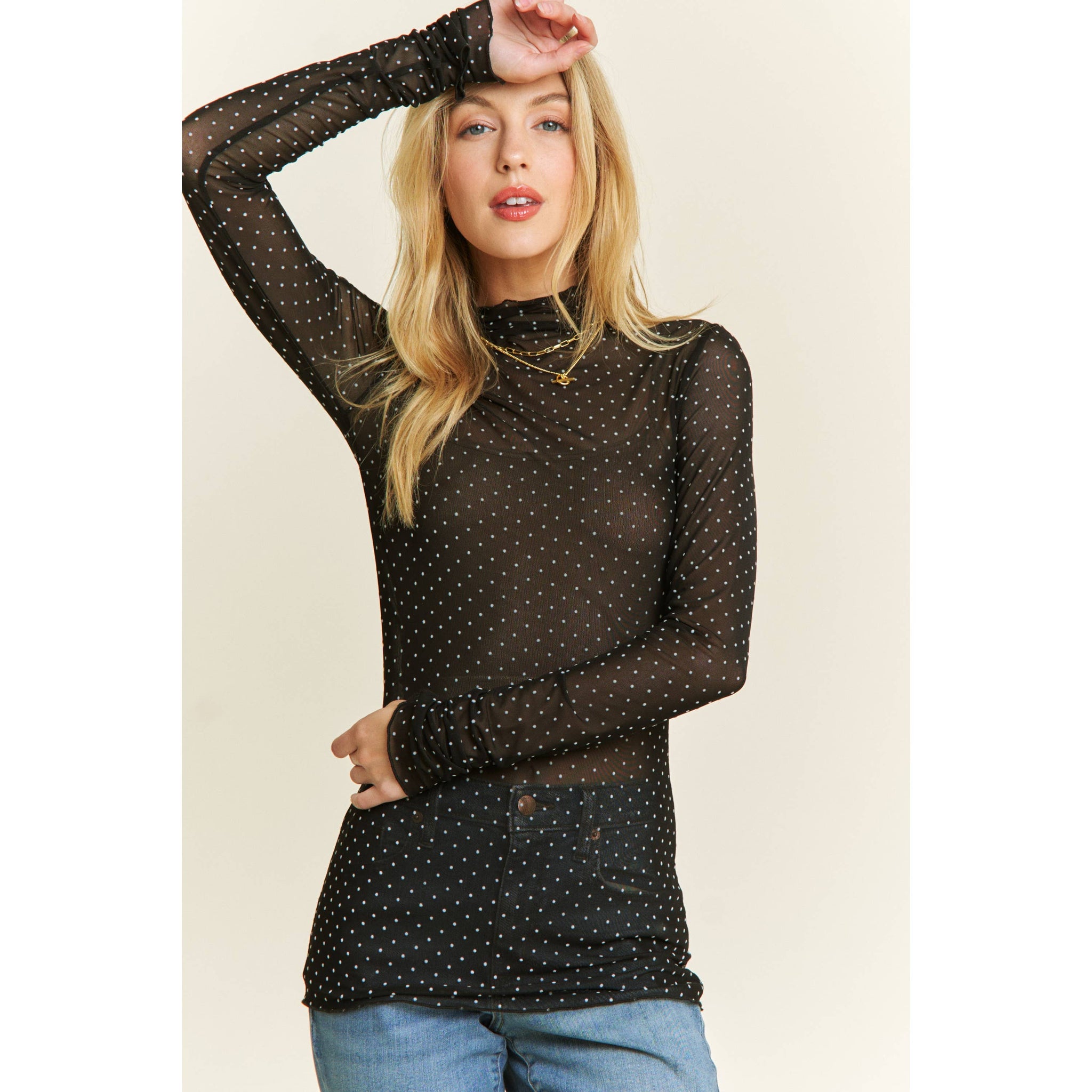 POLKA-DOT MESH LONG SLEEVE TOP: Black