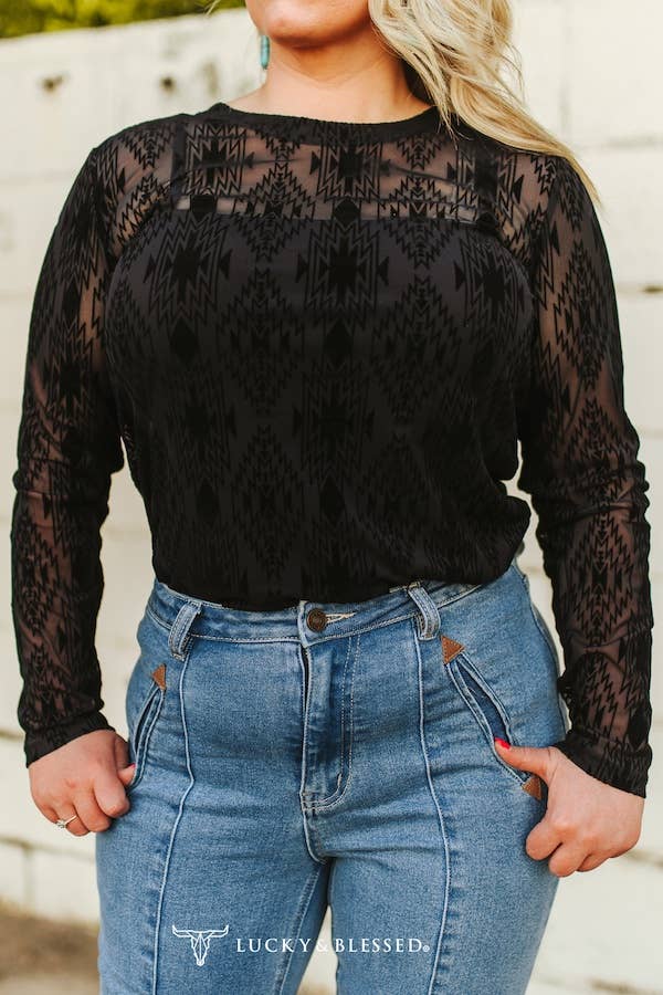 Black Aztec Burnout Mesh Long Sleeve Top