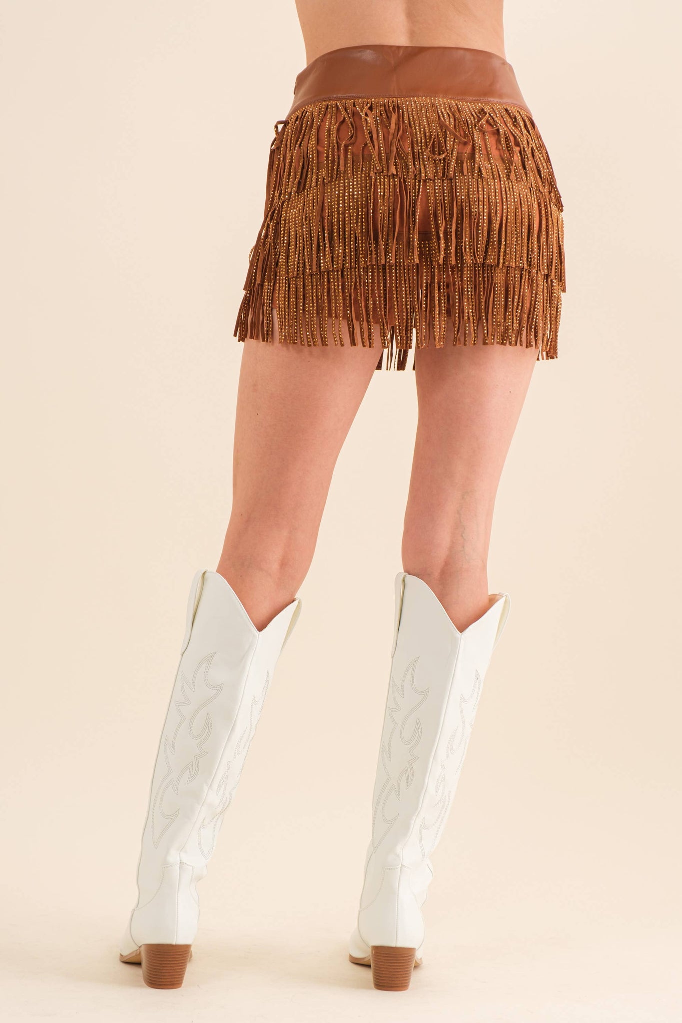 32933P - Wide Faux Leather Waist Tiered Fringe Studded Short: BROWN