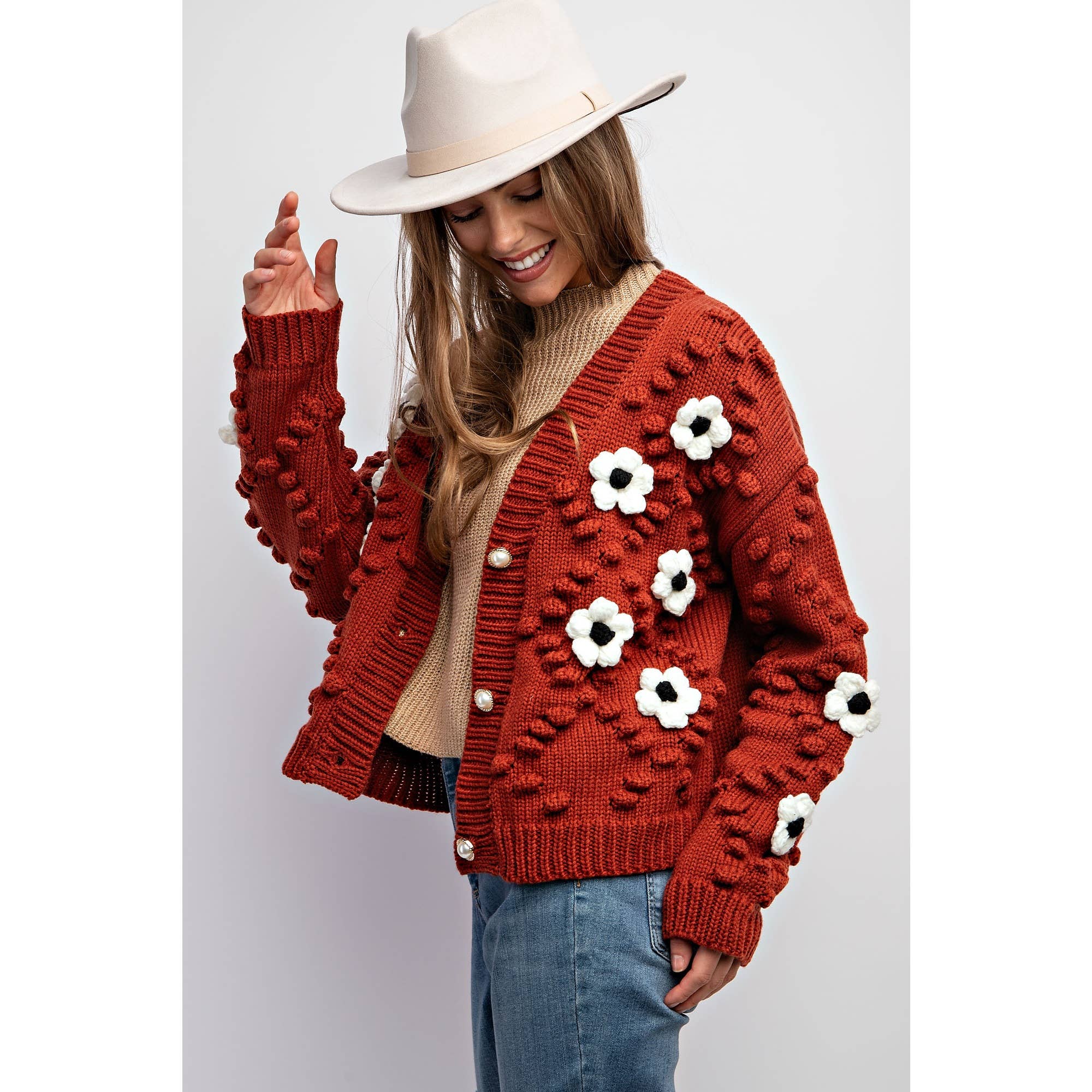 3D FLOWER KNITTING CARDIGAN: Brick