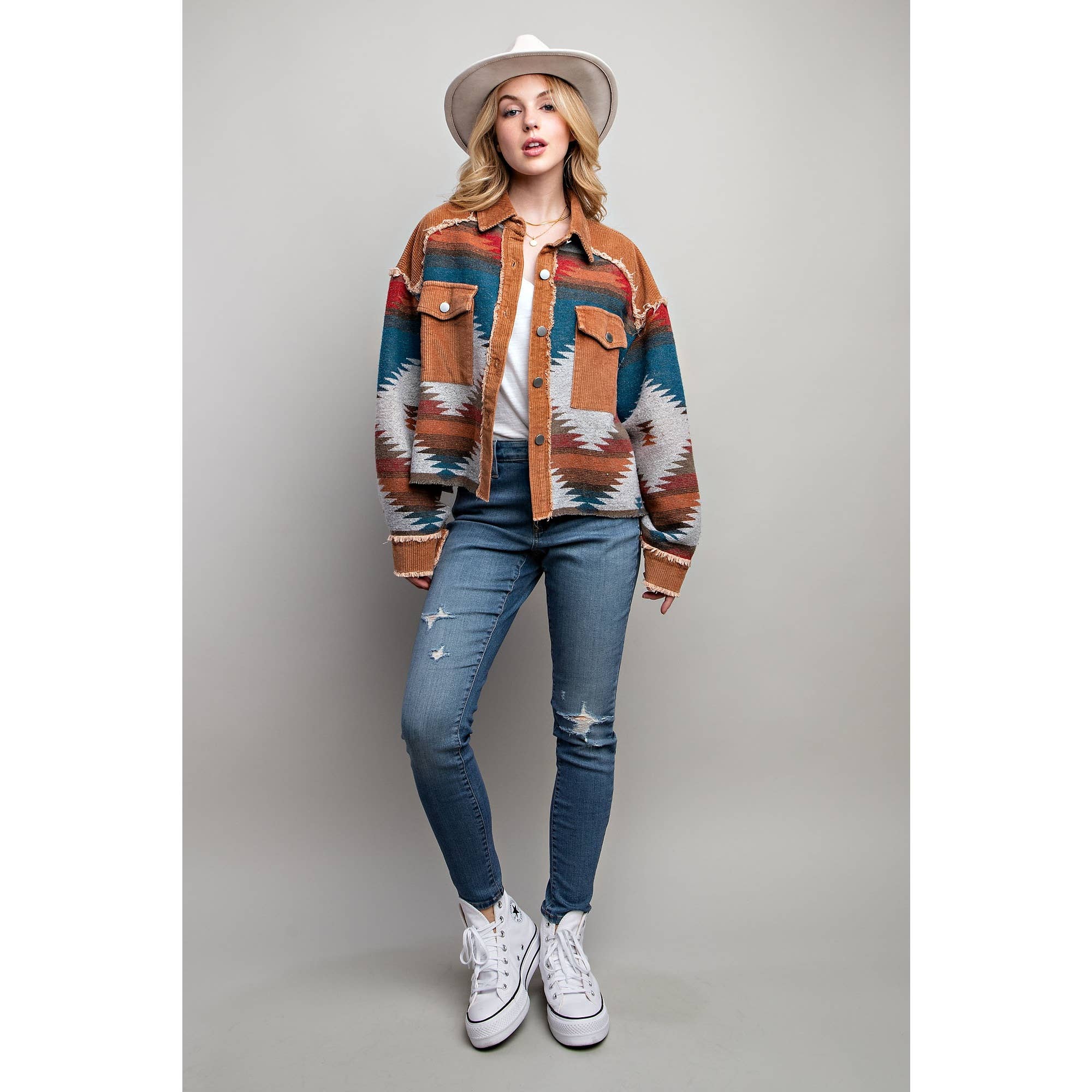 TRIBAL AZTEC PATTERN COLORBLOCK BUTTON DOWN SHIRT JACKET: