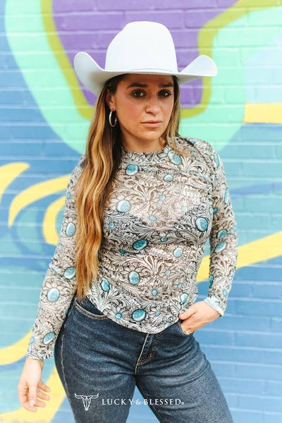 Ivory Tooled Turquoise Stone Printed Long Sleeve Mesh Tops: