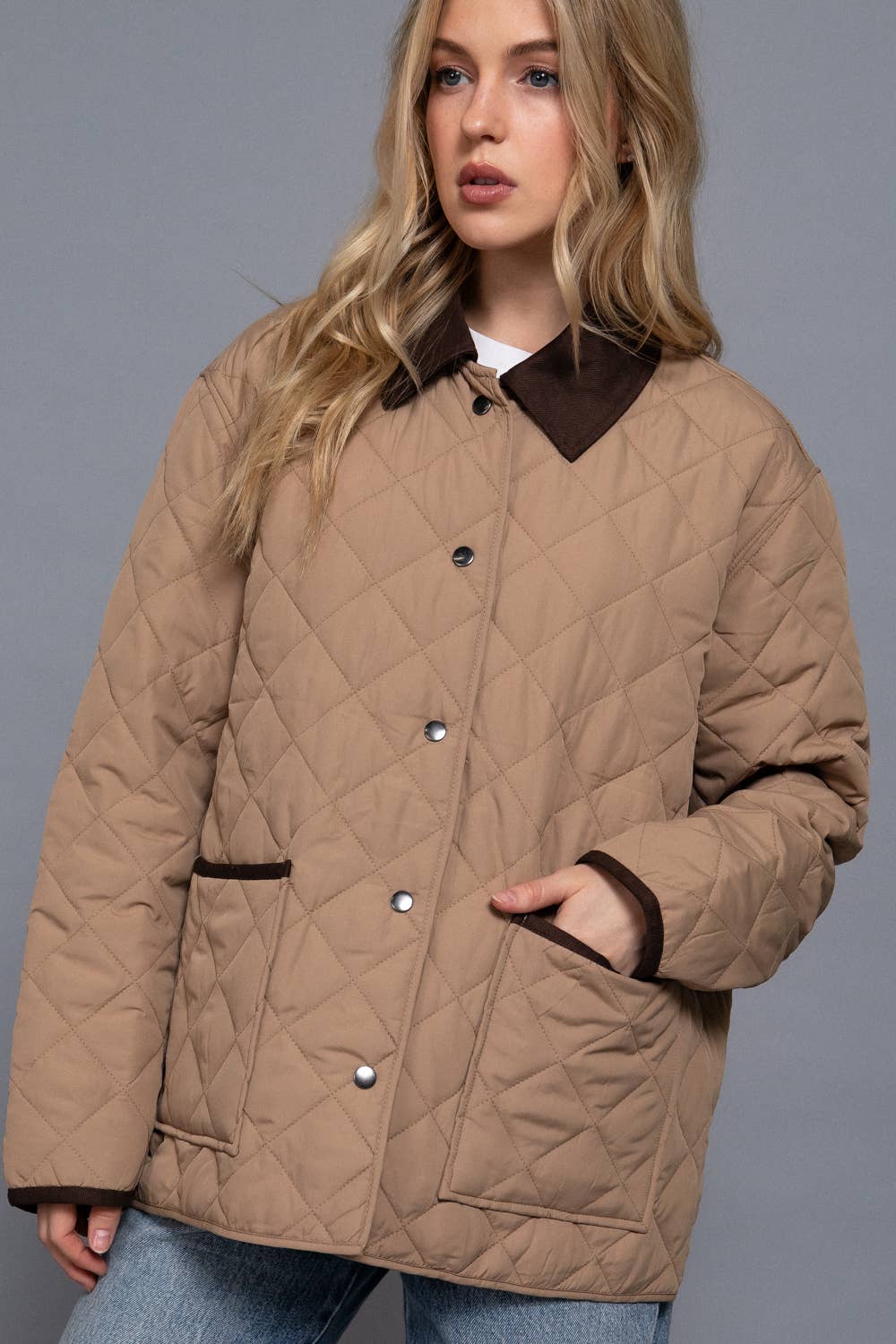 Long Sleeve Contrast Lapel Collar Quilted Puffer Work Jacket: