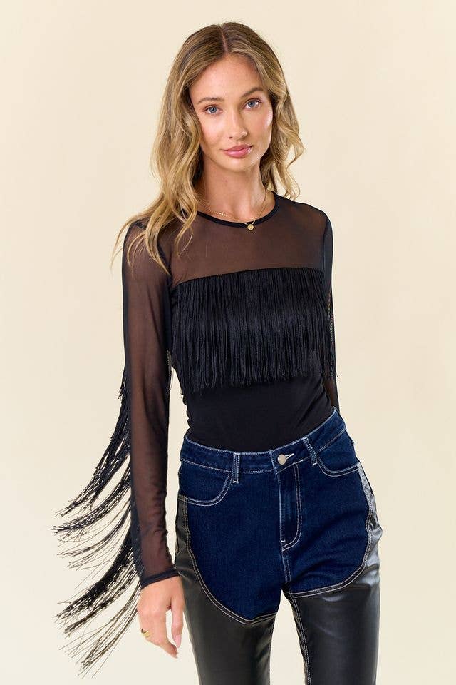 LONG SLEEVE FRINGED MESH TOP