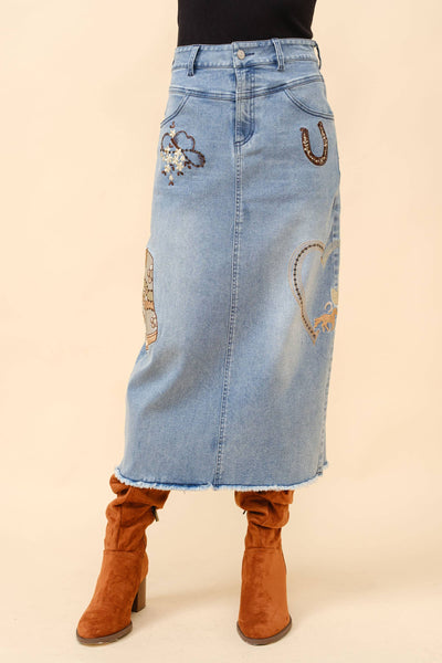 23038S - Western Embroidered Embellished Midi Denim Skirt