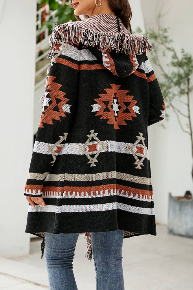 Aztec Tassel Hooded Front Open Cardigan Black