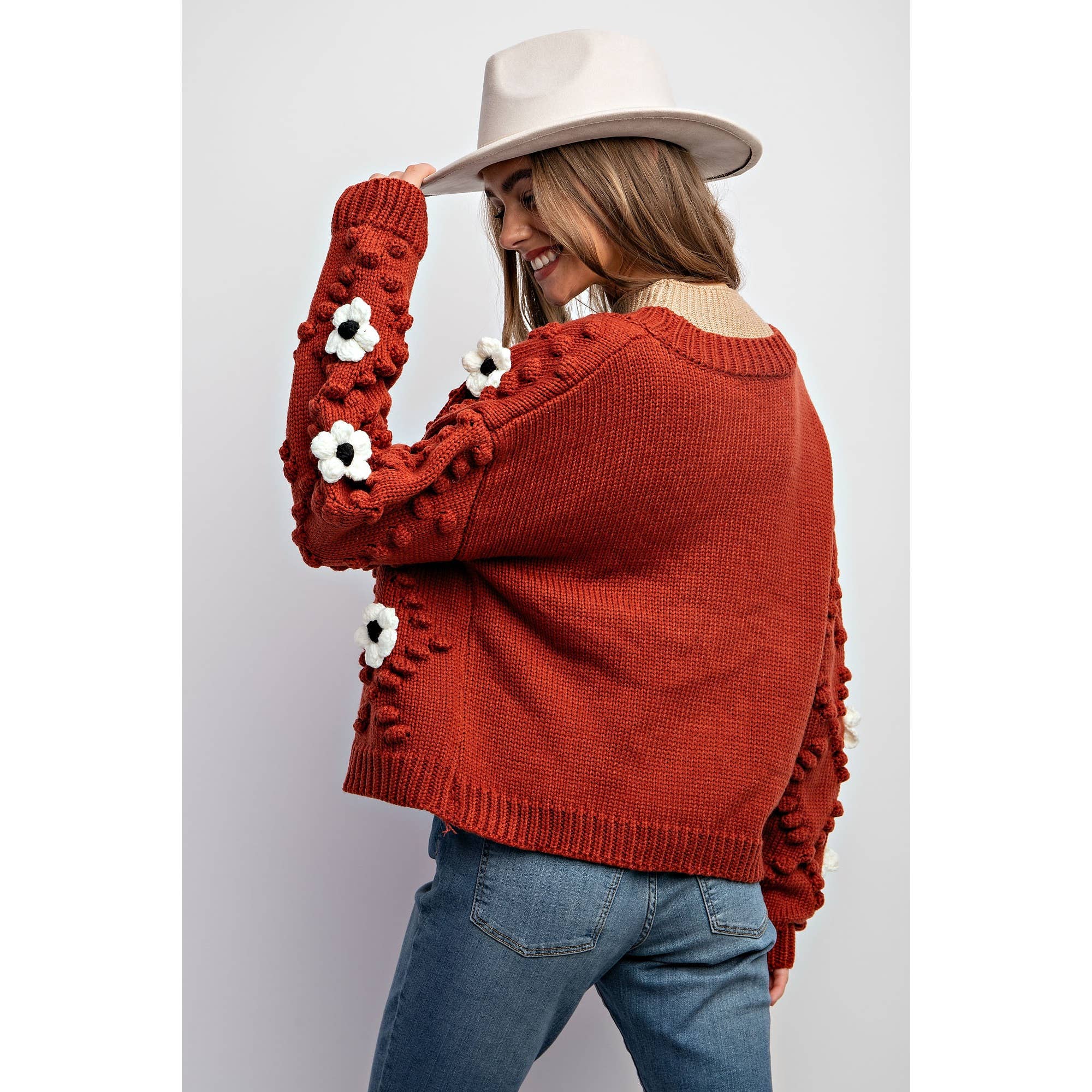 3D FLOWER KNITTING CARDIGAN: Brick