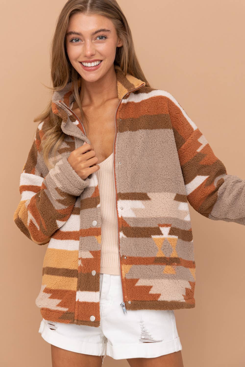 31851J - Aztec Soft Cozy Zip Up Lined Snap Up Jacket: SIENNA