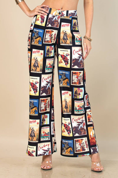 P1261-5585-Western Cowboy Stamps Print Slack Pants: Multi-Colored